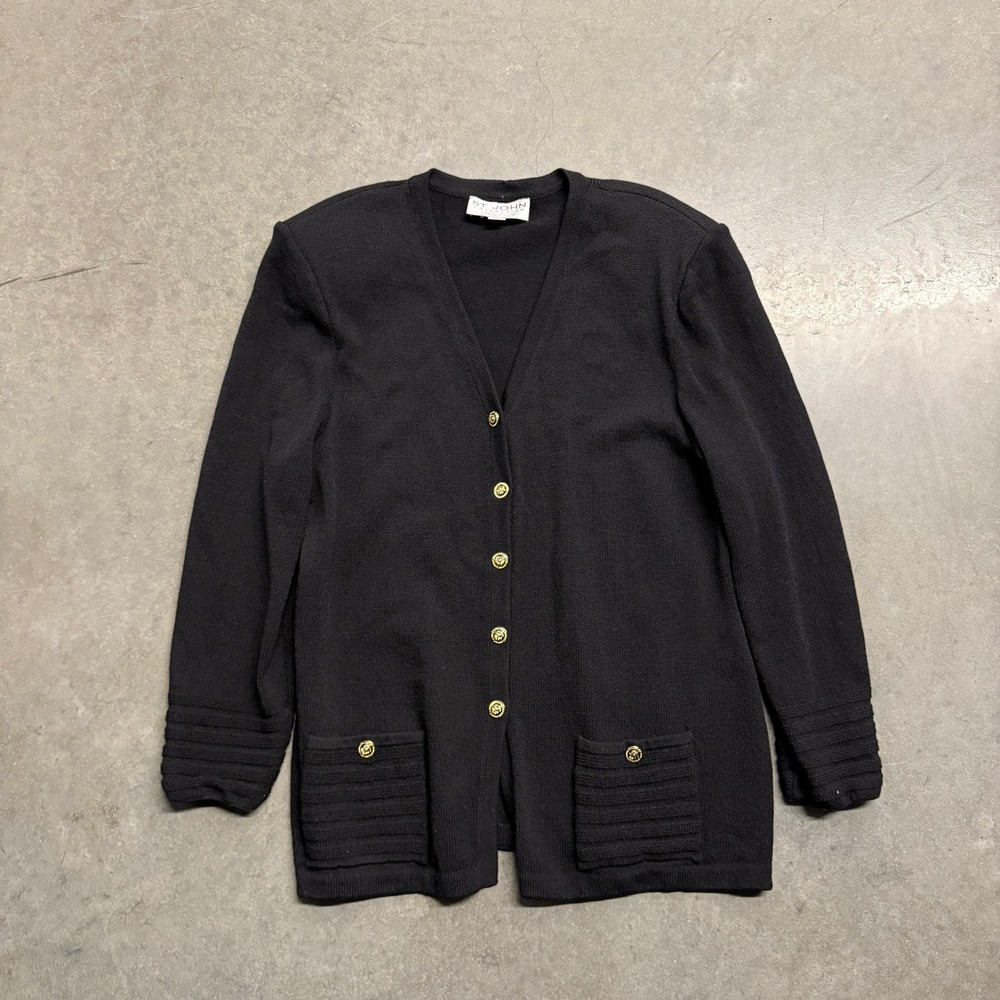 St John Collection Marie Gray Black Santana Knit Gold Crest Button Cardigan L